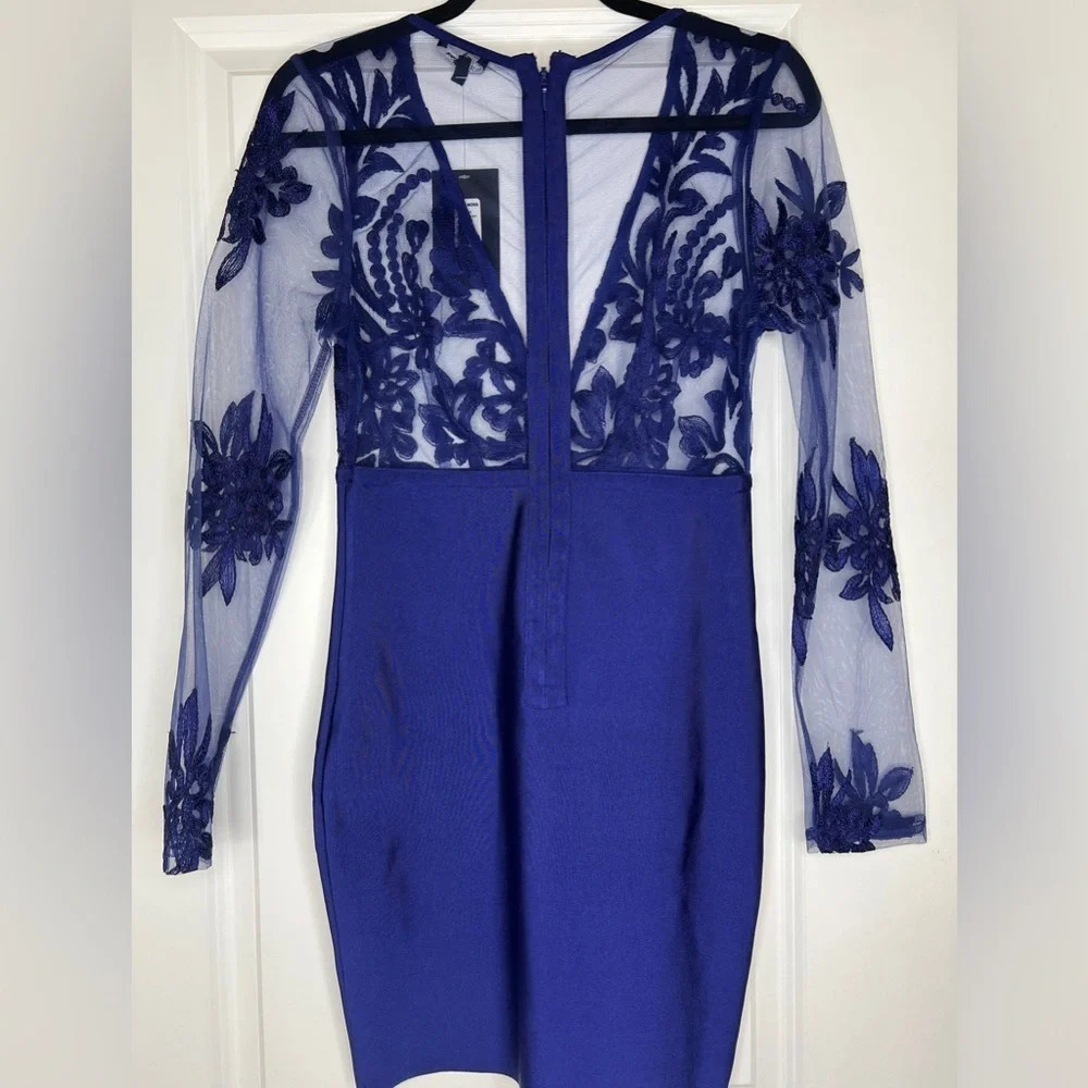 Fashion nova royal blue Gabrielle Deep V Bandage Dress Sheer Bodice Size M - Picture 11 of 15